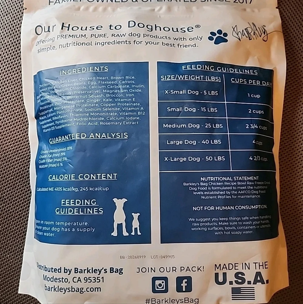 Barkley Bag Premium Pure Raw Dog Food - NEW in sealed bag = 16 oz bag